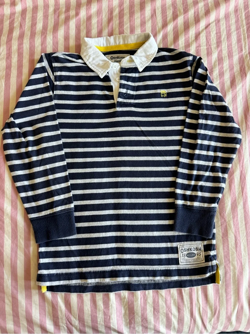 OshKosh B'gosh Navy & White Striped Long-Sleeve Polo with White Collar